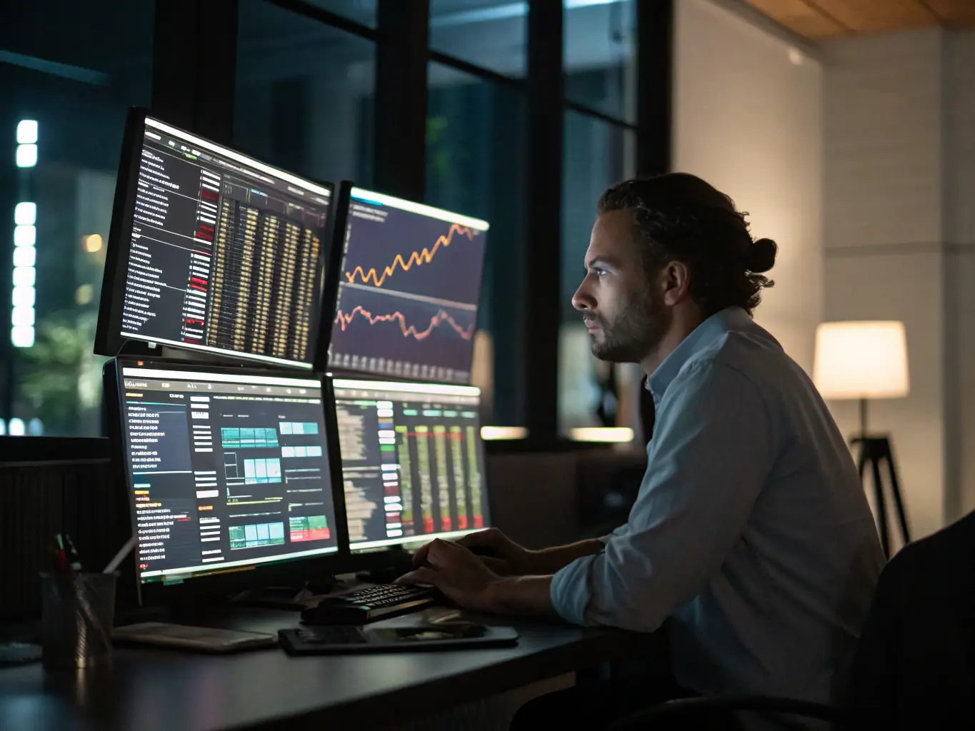 A focused image of a trader analyzing candlestick patterns on a trading platform, highlighting the importance of technical analysis in Forex trading.
