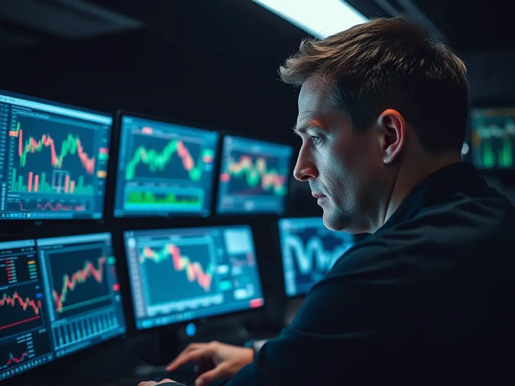 A focused trader analyzing charts on multiple monitors, highlighting the intensity and dedication required for successful day trading.