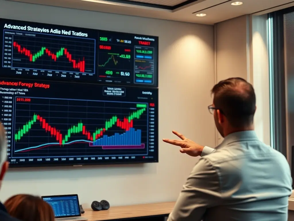 A dynamic image of a webinar session with an expert trader presenting on advanced trading strategies, emphasizing interactive learning.